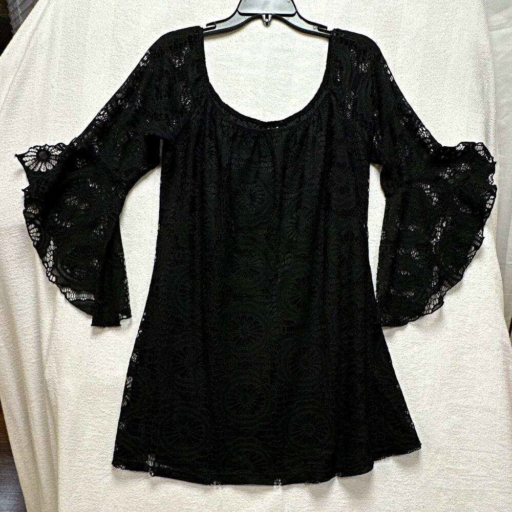 2B Together Womens Pullover Blouse Large Black Lace Ruffle Scoop Neck 3/4" Bell